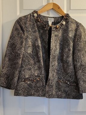 Chico's Womens Sz 1  Blazer Jacket Beaded Collar And Pockets. Brown/Black Swirl